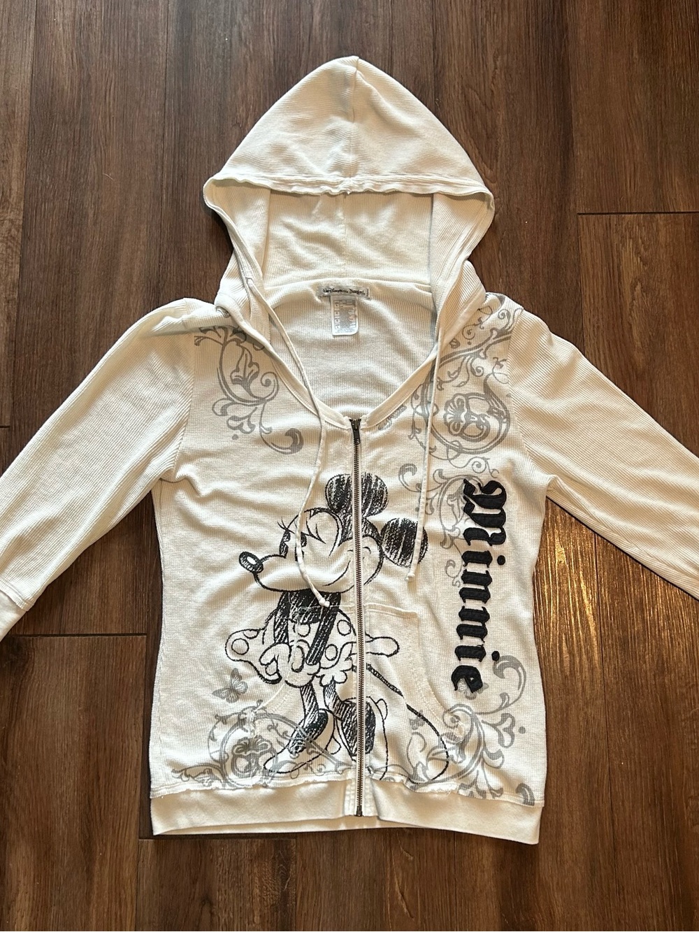 Disney Parks Minnie Mouse Y2K 3/4 Sleeve Waffle Knit Zip Hoodie Womens L Grunge